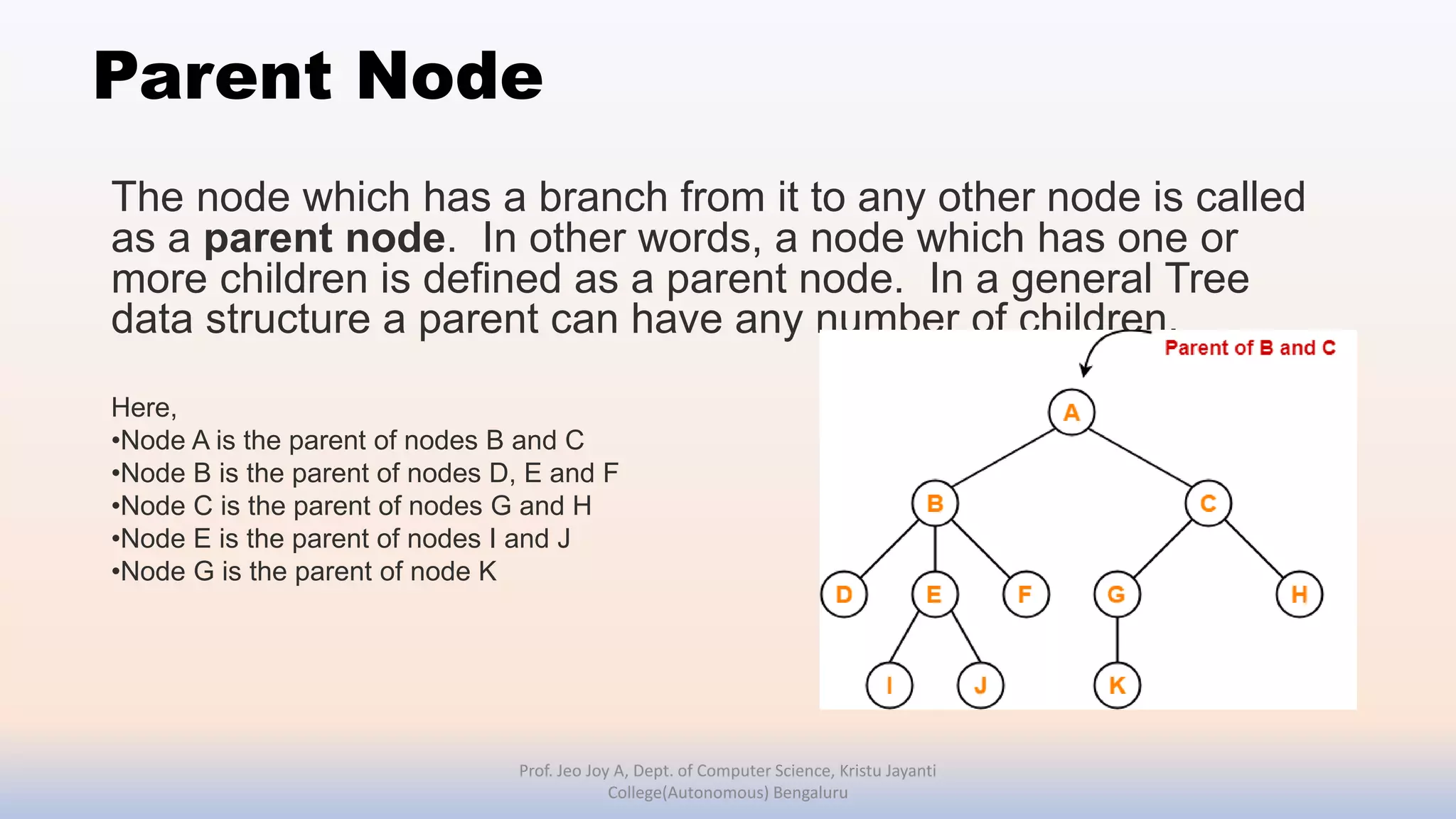 Parent Node
The node which has a branch from it to any other node is called
as a parent node. In other words, a node which has one or
more children is defined as a parent node. In a general Tree
data structure a parent can have any number of children.
Prof. Jeo Joy A, Dept. of Computer Science, Kristu Jayanti
College(Autonomous) Bengaluru
Here,
•Node A is the parent of nodes B and C
•Node B is the parent of nodes D, E and F
•Node C is the parent of nodes G and H
•Node E is the parent of nodes I and J
•Node G is the parent of node K
 