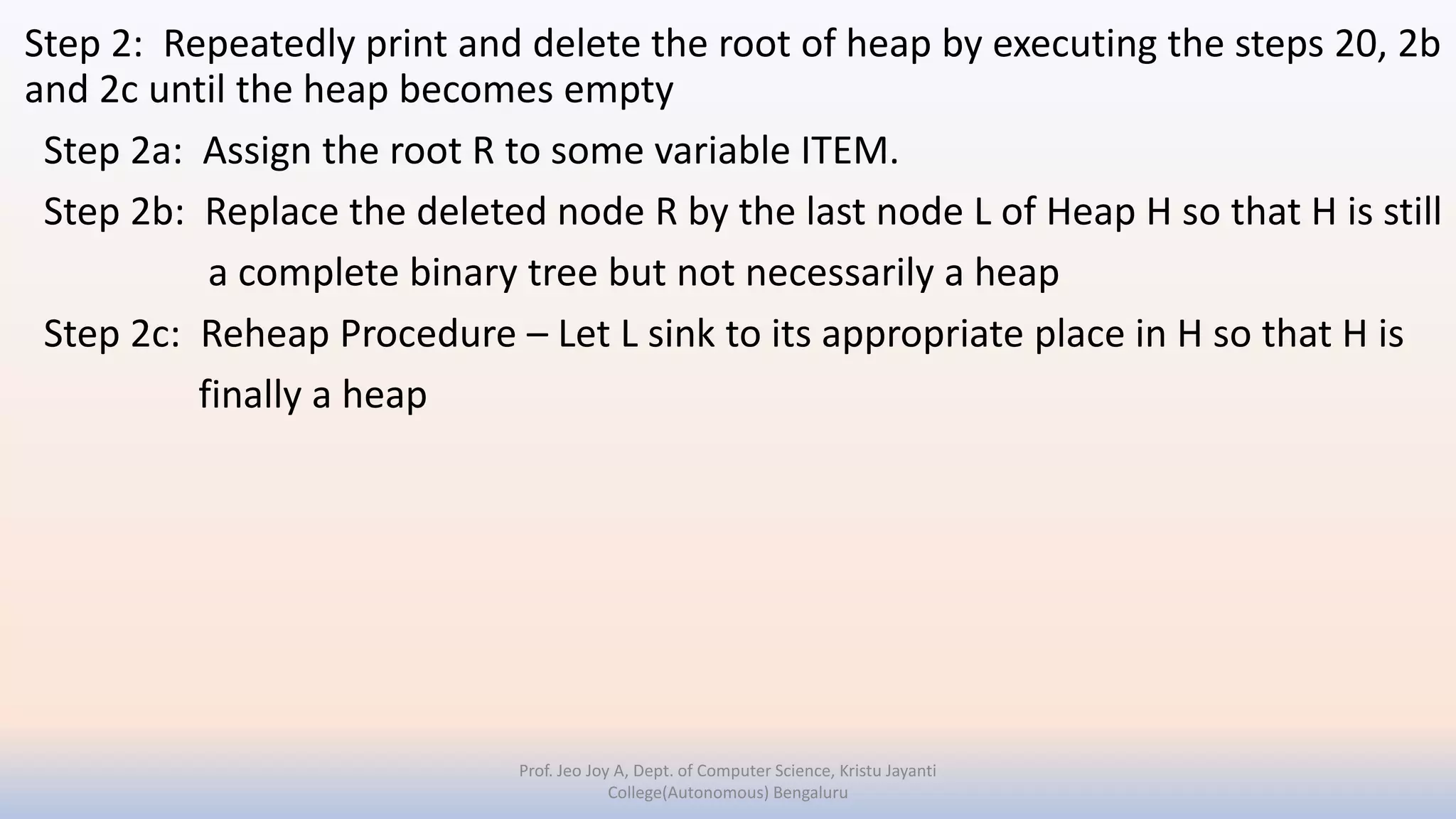 Step 2: Repeatedly print and delete the root of heap by executing the steps 20, 2b
and 2c until the heap becomes empty
Step 2a: Assign the root R to some variable ITEM.
Step 2b: Replace the deleted node R by the last node L of Heap H so that H is still
a complete binary tree but not necessarily a heap
Step 2c: Reheap Procedure – Let L sink to its appropriate place in H so that H is
finally a heap
Prof. Jeo Joy A, Dept. of Computer Science, Kristu Jayanti
College(Autonomous) Bengaluru
 