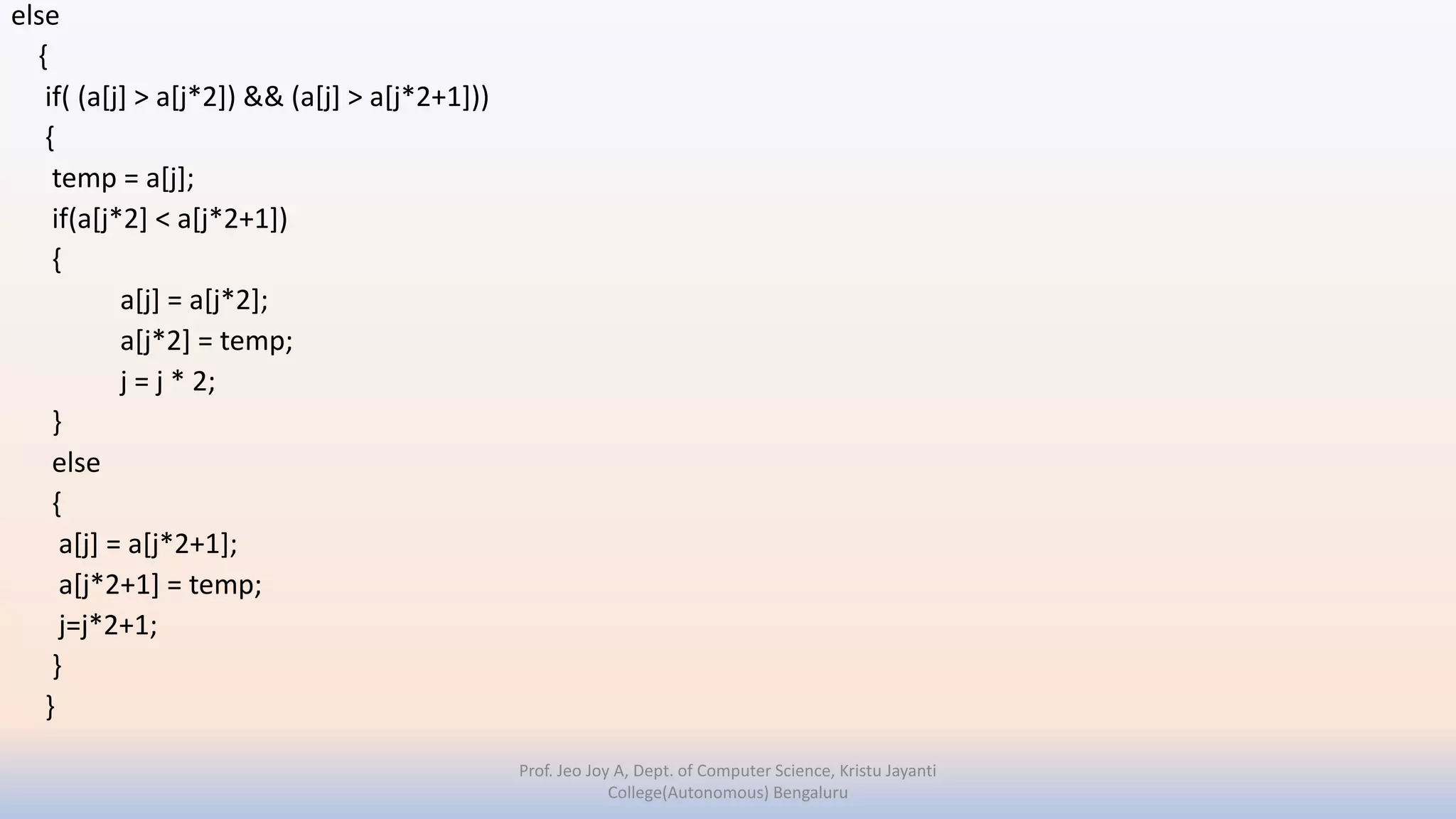 else
{
if( (a[j] > a[j*2]) && (a[j] > a[j*2+1]))
{
temp = a[j];
if(a[j*2] < a[j*2+1])
{
a[j] = a[j*2];
a[j*2] = temp;
j = j * 2;
}
else
{
a[j] = a[j*2+1];
a[j*2+1] = temp;
j=j*2+1;
}
}
Prof. Jeo Joy A, Dept. of Computer Science, Kristu Jayanti
College(Autonomous) Bengaluru
 
