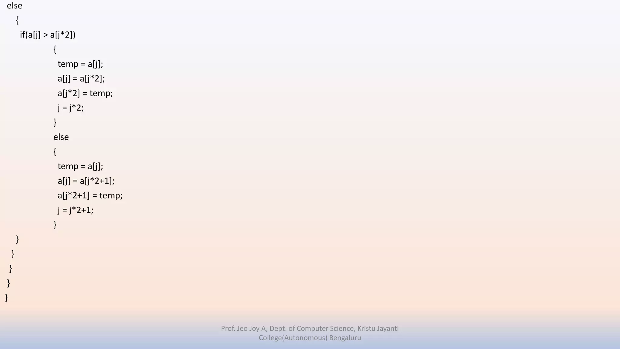 else
{
if(a[j] > a[j*2])
{
temp = a[j];
a[j] = a[j*2];
a[j*2] = temp;
j = j*2;
}
else
{
temp = a[j];
a[j] = a[j*2+1];
a[j*2+1] = temp;
j = j*2+1;
}
}
}
}
}
}
Prof. Jeo Joy A, Dept. of Computer Science, Kristu Jayanti
College(Autonomous) Bengaluru
 