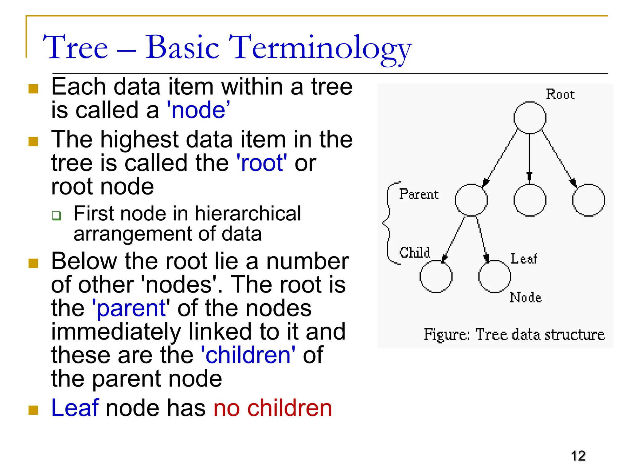 12 Tree – Basic Terminology  Each data item within a tree is called a 'node’  The highest data item in the tree is called the 'root' or root node  First node in hierarchical arrangement of data  Below the root lie a number of other 'nodes'. The root is the 'parent' of the nodes immediately linked to it and these are the 'children' of the parent node  Leaf node has no children 