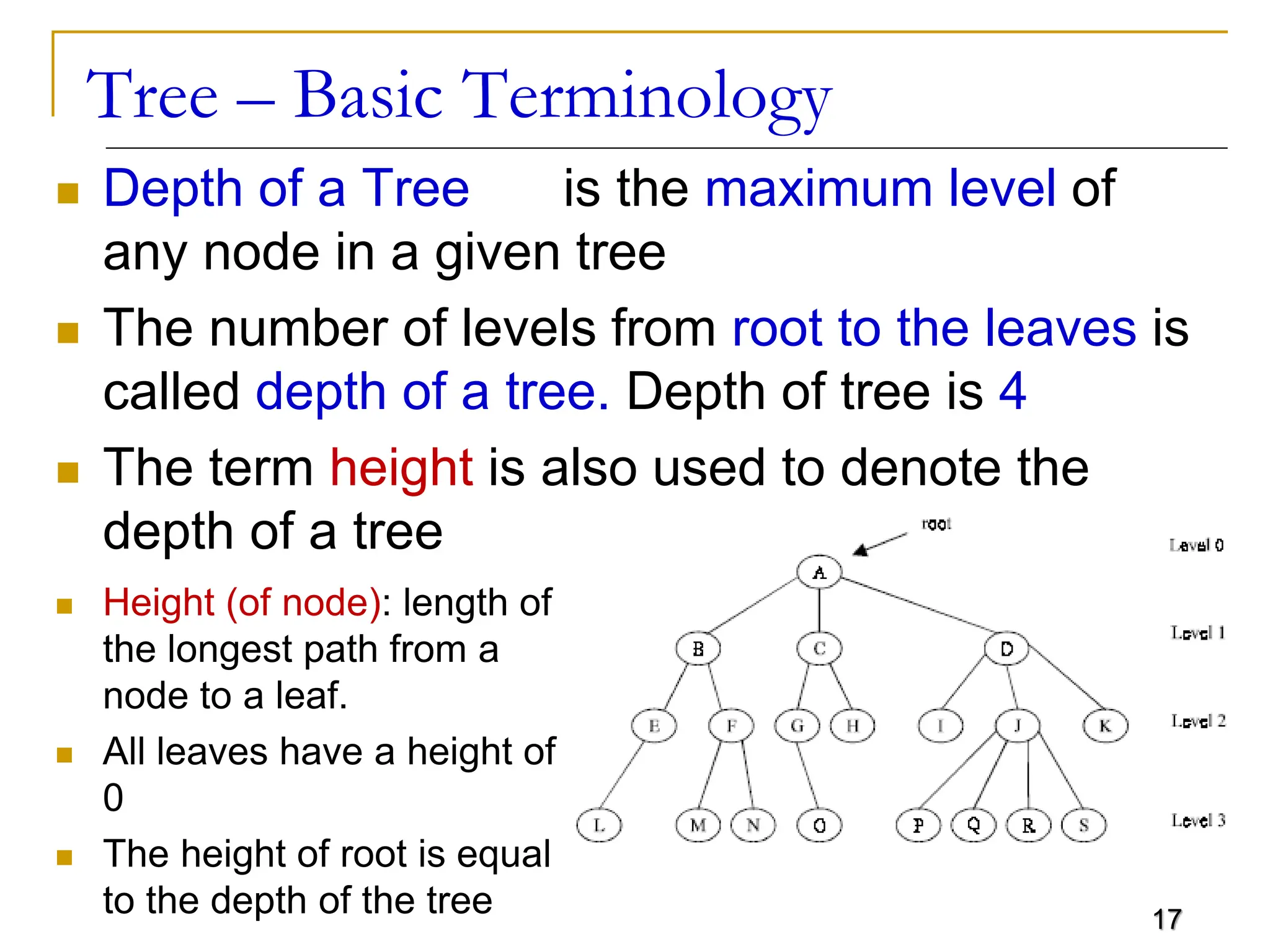 17 Tree – Basic Terminology  Depth of a Tree is the maximum level of any node in a given tree  The number of levels from root to the leaves is called depth of a tree. Depth of tree is 4  The term height is also used to denote the depth of a tree  Height (of node): length of the longest path from a node to a leaf.  All leaves have a height of 0  The height of root is equal to the depth of the tree 