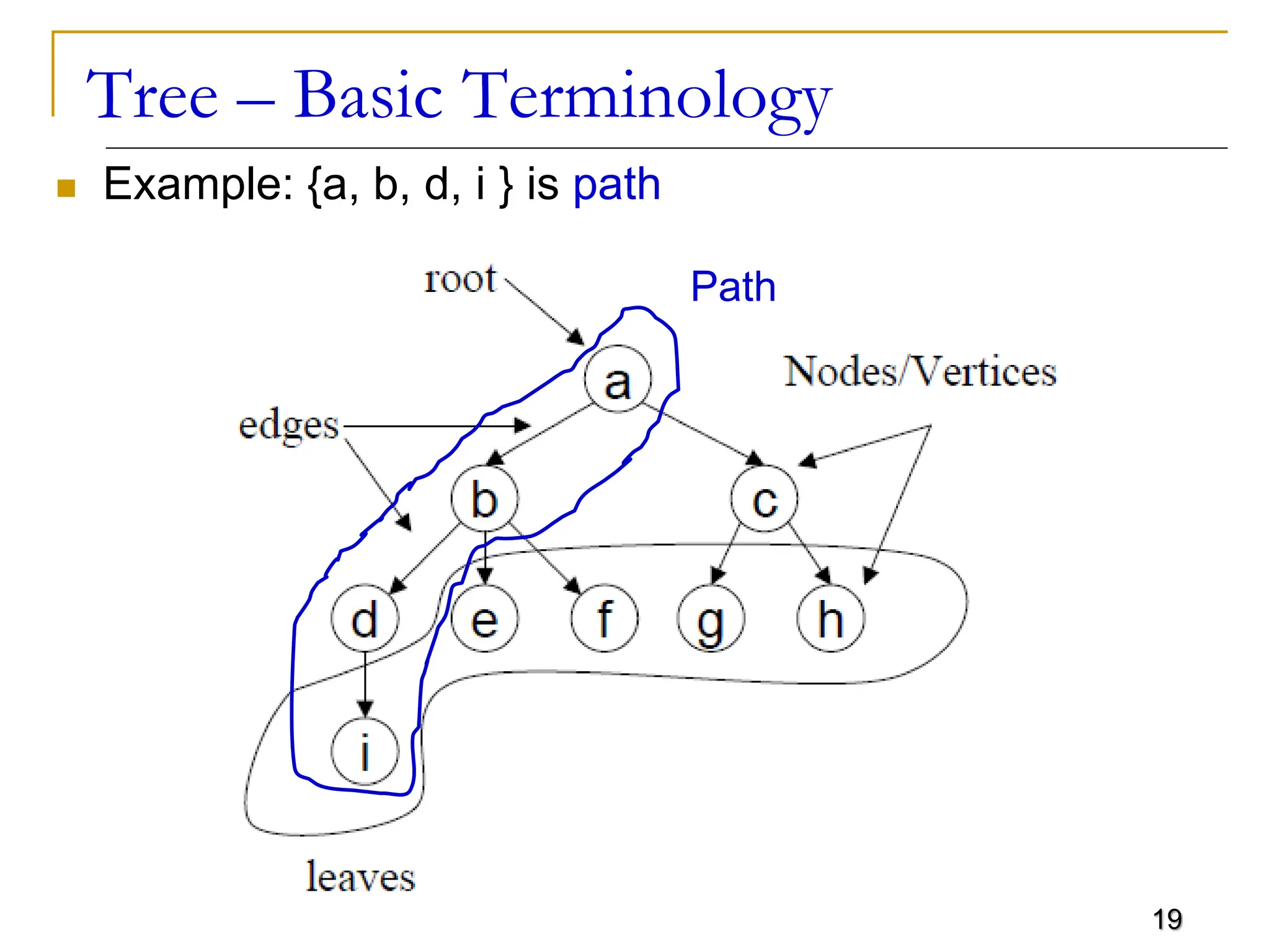 19 Tree – Basic Terminology  Example: {a, b, d, i } is path Path 