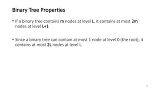 18
Binary Tree Properties
• If a binary tree contains m nodes at level L, it contains at most 2m
nodes at level L+1
• Since a binary tree can contain at most 1 node at level 0 (the root), it
contains at most 2L nodes at level L.
 