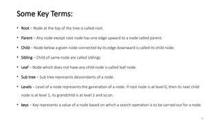 8
Some Key Terms:
• Root − Node at the top of the tree is called root.
• Parent − Any node except root node has one edge upward to a node called parent.
• Child − Node below a given node connected by its edge downward is called its child node.
• Sibling – Child of same node are called siblings
• Leaf − Node which does not have any child node is called leaf node.
• Sub tree − Sub tree represents descendants of a node.
• Levels − Level of a node represents the generation of a node. If root node is at level 0, then its next child
node is at level 1, its grandchild is at level 2 and so on.
• keys − Key represents a value of a node based on which a search operation is to be carried out for a node.
 