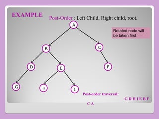 EXAMPLE
A
B C
E
D F
I
H
G
Post-order traversal:
G D H I E B F
C A
Post-Order : Left Child, Right child, root.
Rotated node will
be taken first
 