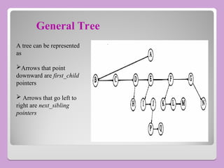 General Tree
A tree can be represented
as
Arrows that point
downward are first_child
pointers
 Arrows that go left to
right are next_sibling
pointers
 