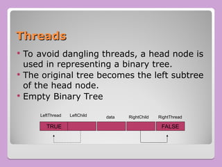 Threads
Threads
 To avoid dangling threads, a head node is
used in representing a binary tree.
 The original tree becomes the left subtree
of the head node.
 Empty Binary Tree
TRUE FALSE
LeftThread LeftChild RightChild RightThread
data
 