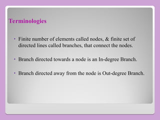 Terminologies
• Finite number of elements called nodes, & finite set of
directed lines called branches, that connect the nodes.
• Branch directed towards a node is an In-degree Branch.
• Branch directed away from the node is Out-degree Branch.
 