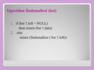 Algorithm findsmallest (bst)
1. if (bst ↑.left = NULL)
then return (bst ↑.data)
2. else
return (findsmallest ( bst ↑.left))
 