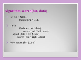 Algorithm search(bst, data)
1. if bst = NULL
then return NULL
2. else
if (data < bst ↑.data)
search (bst ↑.left , data)
elseif (data > bst ↑.data)
search ( bst ↑.right , data)
3. else return (bst ↑.data)
 