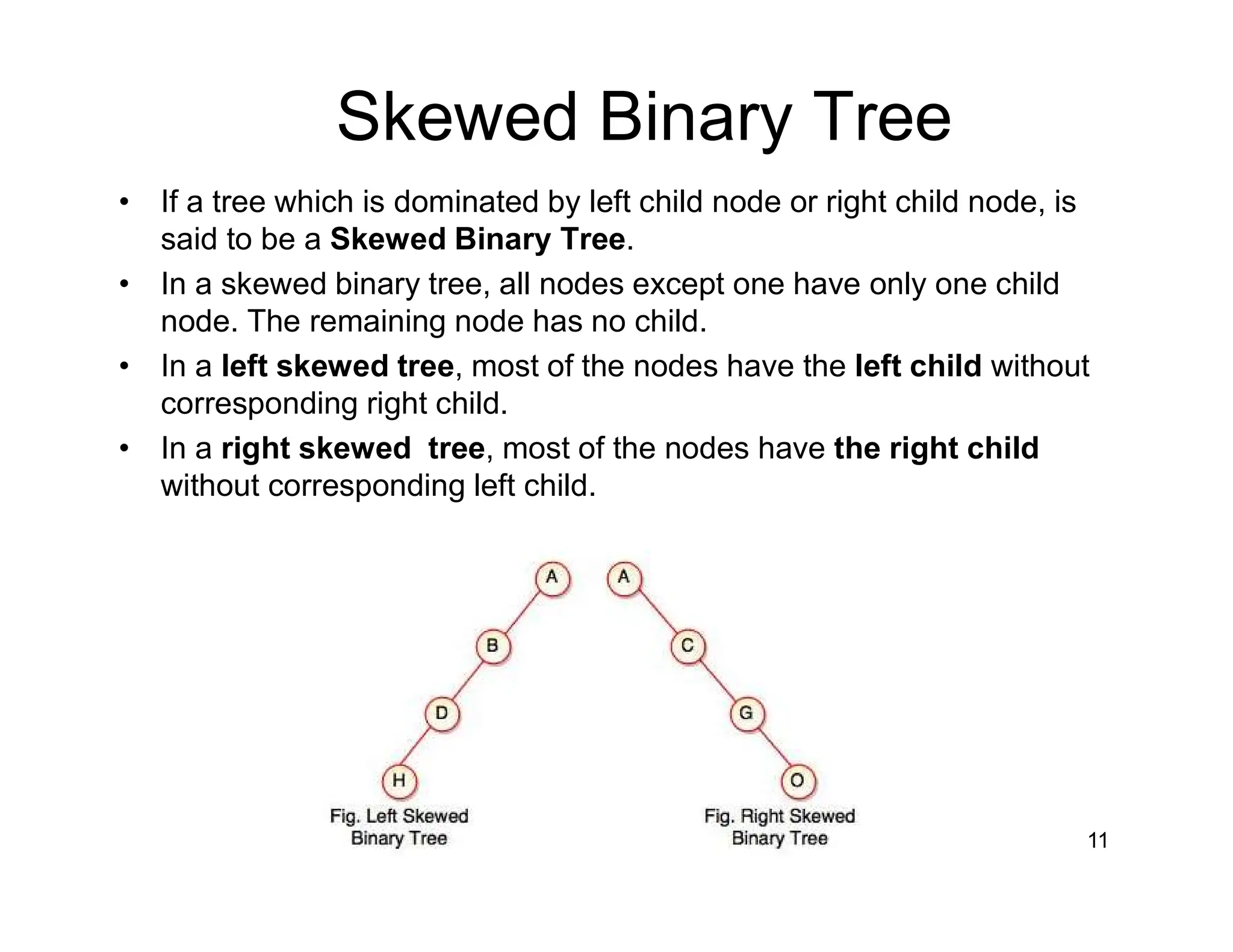 11
Skewed Binary Tree
• If a tree which is dominated by left child node or right child node, is
said to be a Skewed Binary Tree.
• In a skewed binary tree, all nodes except one have only one child
node. The remaining node has no child.
• In a left skewed tree, most of the nodes have the left child without
corresponding right child.
• In a right skewed tree, most of the nodes have the right child
without corresponding left child.
 