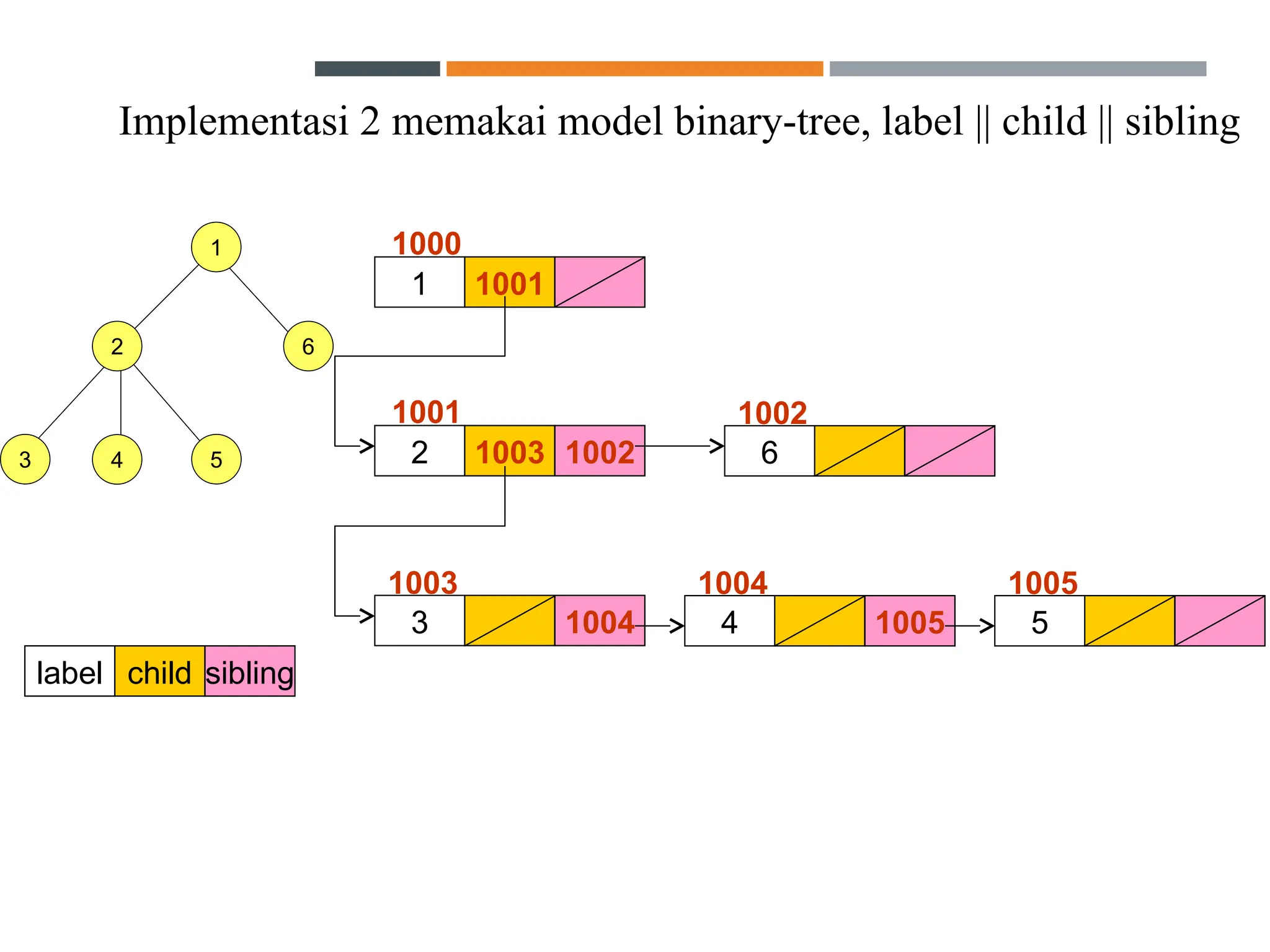 1
2 6
3 5
4
label child sibling
1 1001
2 1003 1002 6
1000
1001 1002
3 1004
1003
4 1005
1004
5
1005
Implementasi 2 memakai model binary-tree, label || child || sibling
 