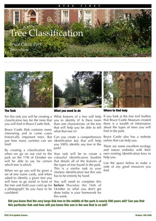 B   T   E   C      F   I   R   S   T




     Tree Classiﬁcation
     Bruce Castle Park
     Tottenham




The Task                               What you need to do                       Where to ﬁnd help
For this task you will be creating a What features of a tree will help           If you look at the tree trail leaﬂets
classiﬁcation key for the trees that you to identify it? Is there more           that Bruce Castle Museum created
you will ﬁnd in Bruce Castle Park. than one characteristic of the tree           there is a wealth of information
                                     that will help you be able to tell          about the types of trees you will
Bruce Castle Park contains many what that tree is?                               ﬁnd in the park.
interesting and in come cases
historically important trees. But Can you create a comprehensive                 Bruce Castle also has a website
just how many varieties can we identiﬁcation key that will help                  online that can help you.
ﬁnd?                                 you 100% identify any tree in the
                                                                                 There are some excellent ecology
                                     park?
By creating a classiﬁcation key                                                  and nature websites with their
when we go on out visit to the Your task will be to create a                     own existing identiﬁcation keys to
park on the 17th of October we colourful identiﬁcation booklet                   help you.
will be able to say for certain that details all of the features of
                                                                                 Use the space below to make a
which tree is which.                 the types of tree found in the park.
                                                                                 note of any good resources you
                                     This is a similar task to your
When we go you will be given a chicken identiﬁcation but this one                ﬁnd.
set of tree name cards, and when has to be entirely by hand.
asked to identify a given tree you
will have to go stand in front of You will need to complete this
the tree and hold your card up for before Thursday the 16th of
a photograph! So you have to be October so what you don’t get
conﬁdent!                            done today is your homework for
                                     this week.
    Did you know that the very large Oak tree in the middle of the park is nearly 500 years old? Can you ﬁnd
    this particular Oak and how will you know this one is the one that is so old?


BTEC First Applied Science	                                                                              October 10th 2008
 