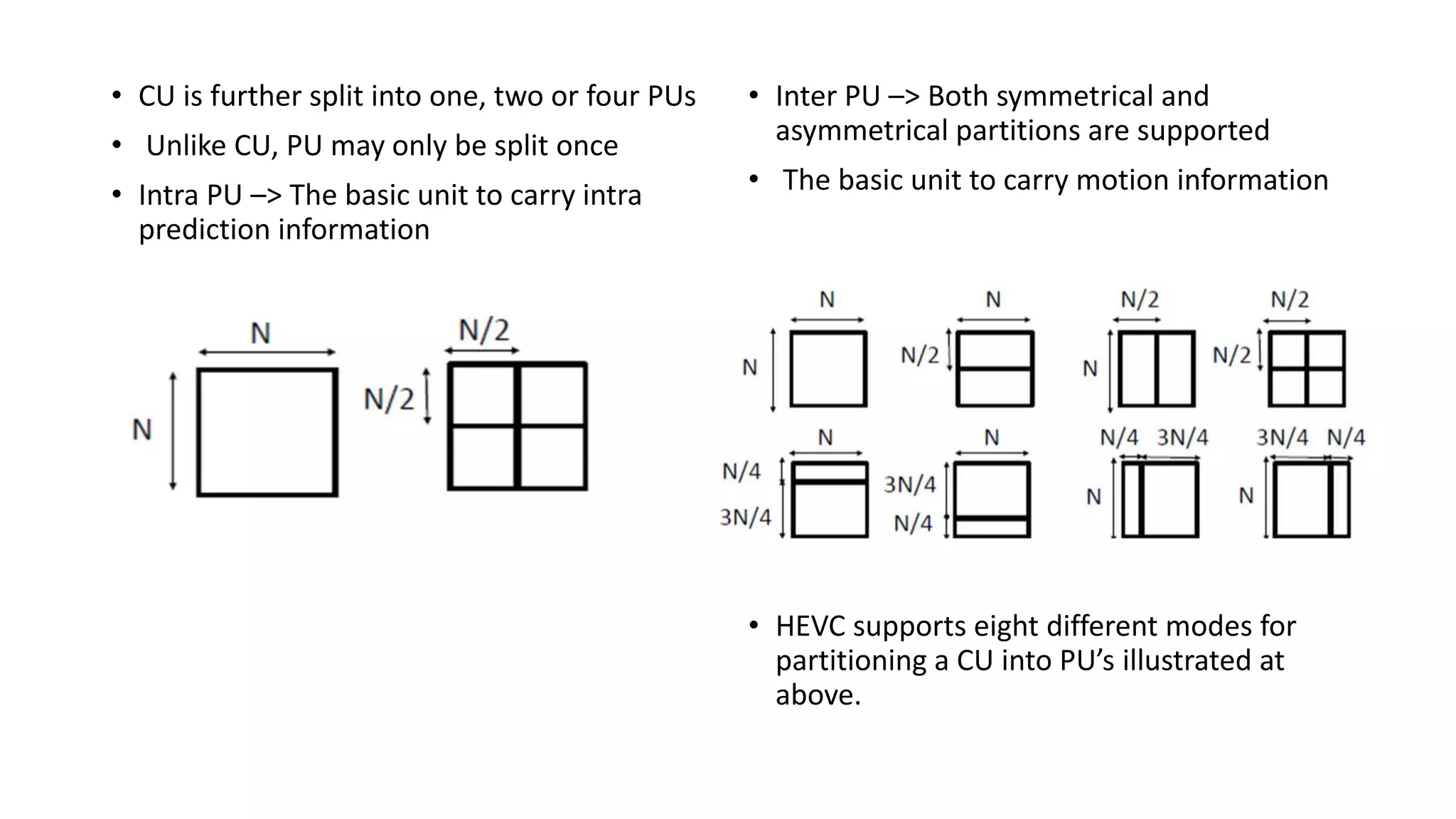 • CU is further split into one, two or four PUs • Unlike CU, PU may only be split once • Intra PU –> The basic unit to carry intra prediction information • Inter PU –> Both symmetrical and asymmetrical partitions are supported • The basic unit to carry motion information • HEVC supports eight different modes for partitioning a CU into PU’s illustrated at above. 