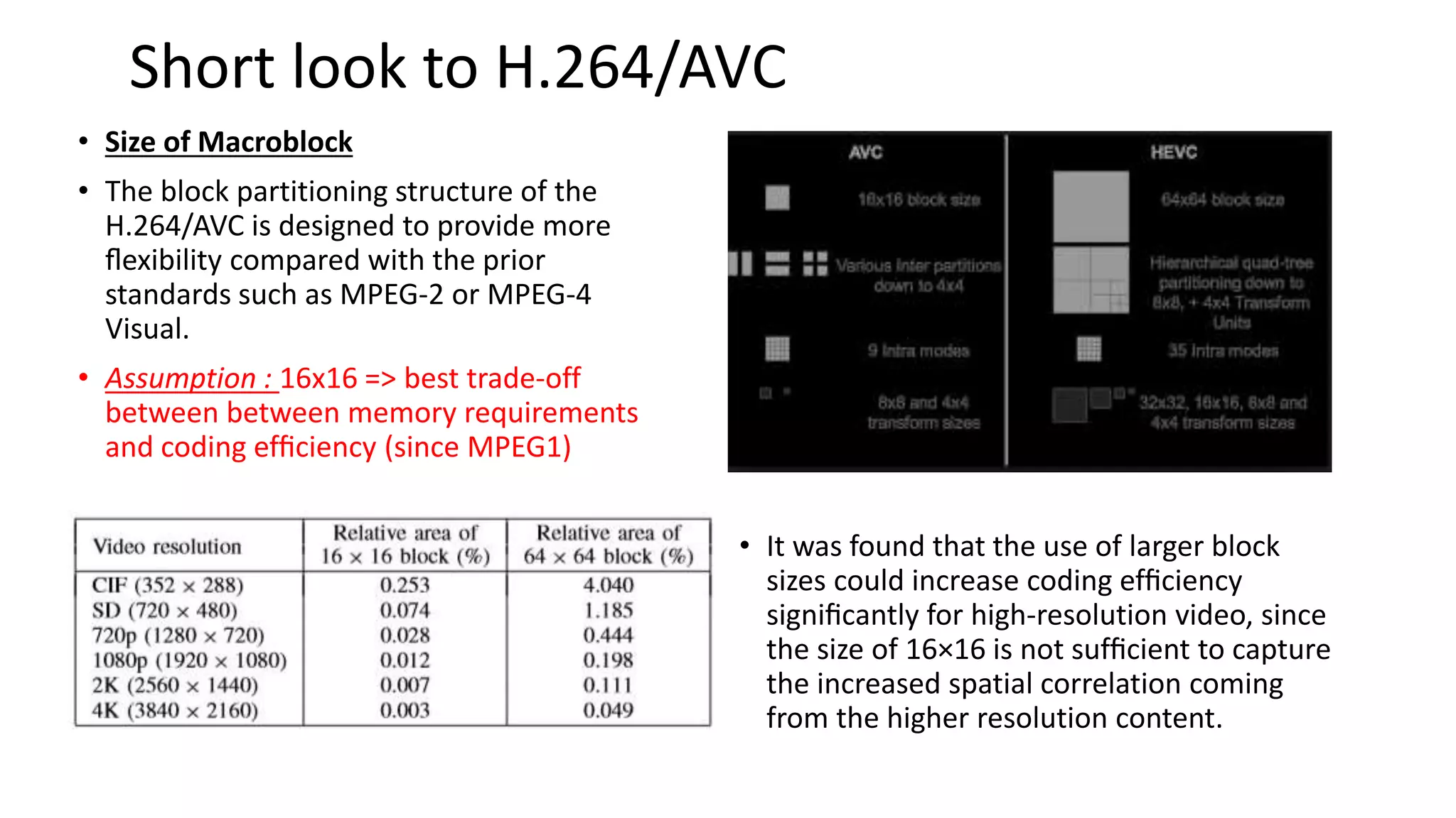 Short look to H.264/AVC • Size of Macroblock • The block partitioning structure of the H.264/AVC is designed to provide more ﬂexibility compared with the prior standards such as MPEG-2 or MPEG-4 Visual. • Assumption : 16x16 => best trade-off between between memory requirements and coding efﬁciency (since MPEG1) • It was found that the use of larger block sizes could increase coding efﬁciency signiﬁcantly for high-resolution video, since the size of 16×16 is not sufﬁcient to capture the increased spatial correlation coming from the higher resolution content. 
