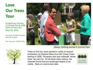 Love
Our Trees
Tour
Guided tour of trees
in Emmet Park & 2400
block of Mass Ave
May 24, 2016
Tour given by RMA President
Deborah Shapley
Tour organizer: Debbie Rider
Trees on the tour were planted in yards of several
embassies, by Restore Mass Ave with Casey Trees
starting in 2008. Tourgoers also saw sidewalk “street
trees” we care for. As all these trees mature, the
restored Grand Avenue landscape begins to be
visible. Stats on next-to-last slide.
Above: Getting started in Emmet Park
 