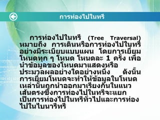 การท่องไปในทรี การท่องไปในทรี  ( Tree Traversal )  หมายถึง การเดินหรือการท่องไปในทรีอย่างมีระเบียบแบบแผน โดยการเยี่ยมโหนดทุก ๆ โหนด โหนดละ  1  ครั้ง เพื่อนำข้อมูลของโหนดมาแสดงหรือประมวลผลอย่างใดอย่างหนึ่ง ดังนั้นการเยี่ยมโหนดจะทำให้ข้อมูลในโหนดเหล่านั้นถูกนำออกมาเรียงกันในแนวเส้นตรงซึ่งการท่องไปในทรีจะแยกเป็นการท่องไปในทรีทั่วไปและการท่องไปในไบนารีทรี 
