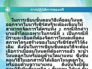 การปฏิบัติการྺองทรี ในการเขียนขั้นตอนวิธีเพื่อลบโหนดออกจากไบนารีเซิร์สทรีจะต้องเขียนให้สามารถจัดการได้ครบทั้ง  2   กรณีที่กล่าวมาแล้วโดยเฉพาะในกรณีที่  2   เป็นกรณีที่มีรายละเอียดที่ต้องจัดการโหนดเพื่อคงสภาพโครงสร้างของไบนารีเซิร์สทรีไว้ดังเดิม ดังนั้นในการเขียนขั้นตอนวิธีจะต้องเลือกว่าเมื่อลบโหนดที่ต้องการแล้ว จะนำโหนดลูกในทรีย่อยด้านใดมาแทน ซึ่งขั้นตอนวิธีในเอกสารนี้ได้เลือกโหนดลูกในทรีย่อยด้านขวามาแทน ดังนั้นจึงมีขั้นตอนวิธีเพิ่มขึ้นมาอีก  1   ขั้นตอน ได้แก่ ขั้นตอนวิธีเพื่อค้นหาโหนดในทรีย่อยด้านขวาที่มีค่าน้อยที่สุด เพื่อเลือกขึ้นไปแทนโหนดที่ถูกลบ ซึ่งวิธีนี้จะถูกเรียกใช้โดยขั้นตอนวิธีการลบ  