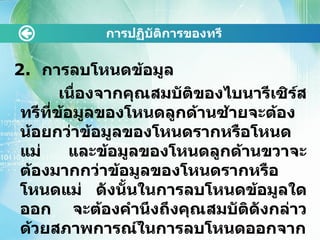 การปฏิบัติการྺองทรี 2.  การลบโหนดข้อมูล   เนื่องจากคุณสมบัติของไบนารีเซิร์สทรีที่ข้อมูลของโหนดลูกด้านซ้ายจะต้องน้อยกว่าข้อมูลของโหนดรากหรือโหนดแม่ และข้อมูลของโหนดลูกด้านขวาจะต้องมากกว่าข้อมูลของโหนดรากหรือโหนดแม่ ดังนั้นในการลบโหนดข้อมูลใดออก จะต้องคำนึงถึงคุณสมบัติดังกล่าวด้วยสภาพการณ์ในการลบโหนดออกจากไบนารีเซิร์สทรีสามารถจัดแบ่งเป็น  3  กรณีดังนี้ 