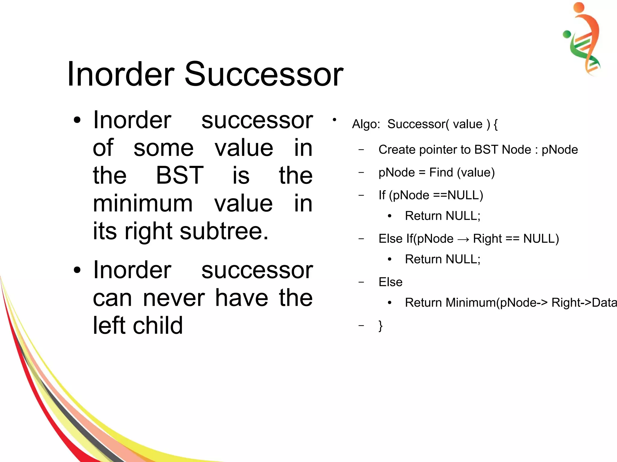 Inorder Successor
● Inorder successor
of some value in
the BST is the
minimum value in
its right subtree.
● Inorder successor
can never have the
left child
●
Algo: Successor( value ) {
– Create pointer to BST Node : pNode
– pNode = Find (value)
– If (pNode ==NULL)
● Return NULL;
– Else If(pNode → Right == NULL)
● Return NULL;
– Else
● Return Minimum(pNode-> Right->Data
– }
 