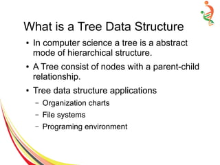What is a Tree Data Structure
● In computer science a tree is a abstract
mode of hierarchical structure.
● A Tree consist of nodes with a parent-child
relationship.
● Tree data structure applications
– Organization charts
– File systems
– Programing environment
 