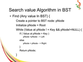 Search value Algorithm in BST
● Find (Any value In BST) {
Create a pointer to BST node: pNode
Initialize pNode = Root
While (Value at pNode ! = Key && pNode!=NULL) {
If ( Value at pNode > Key )
pNode =pNode - > Left
else
pNode = pNode - > Right
}
Return pNode;
}
 