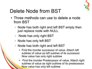 Delete Node from BST
● Three methods can use to delete a node
from BST
– Node has both right and left BST empty then
just replace node with NULL
– Node has only right BST
– Node has only left BST
– Node has both right and left BST
● Find the Inorder successor of value. Attach left
subtree of value as left subtree of its successor.
Now value has only right subtree
● Find the Inorder Predecessor of value. Attach right
subtree of value as right subtree of its predecessor.
Now value has only left subtree
 