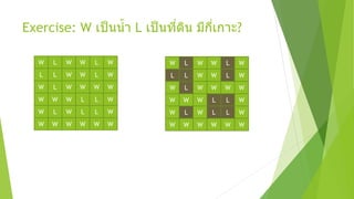 Exercise: W เป็นน้า L เป็นที่ดิน มีกี่เกาะ?
W L W W L W
L L W W L W
W L W W W W
W W W L L W
W L W L L W
W W W W W W
W L W W L W
L L W W L W
W L W W W W
W W W L L W
W L W L L W
W W W W W W
 