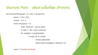 Shortest Path – เส ้นทางสั้นที่สุด (Prelim)
def shortestPath(graph, src, dst): # bread first
queue = [ [src, 0] ]
visited = { src }
while len(queue) > 0:
node, distance = queue.pop()
if node == dst: return distance
for neighbor in graph[node]:
if node not in visited:
visited.add(node)
queue.push( [neighbor, distance+1] )
return -1 # path not found
 
