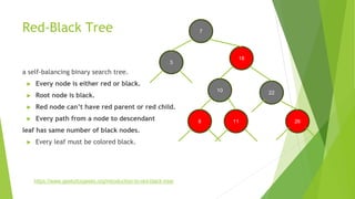 Red-Black Tree
a self-balancing binary search tree.
► Every node is either red or black.
► Root node is black.
► Red node can’t have red parent or red child.
► Every path from a node to descendant
leaf has same number of black nodes.
► Every leaf must be colored black.
7
3
18
8
10
11
22
https://www.geeksforgeeks.org/introduction-to-red-black-tree/
26
 