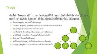 Trees
ต้นไม้ (Trees) เป็นโครงสร้างข้อมูลที่มีลักษณะเป็นกิ่งไม้ที่มีลำาต้น (Root)
และกิ่งลูก (Child Nodes) ที่เชื่อมต่อกันโดยใช้เส้นเชื่อม (Edges)
► โหนด (Nodes): จุดบนต้นไม้ที่เก็บข้อมูล
► เส้นเชื่อม (Edges): ลูกศรที่เชื่อมต่อระหว่างโหนดเพื่อแสดงความสัมพันธ์
► ราก (Root): โหนดบนสุดของต้นไม้ที่ไม่มีแม่
► แม่ (Parent): โหนดที่อยู่เหนือโหนดลูกในโครงสร้างต้นไม้
► ลูก (Child): โหนดที่ตำ่ากว่าโหนดแม่ในโครงสร้างต้นไม้
► ใบ (Leaf): โหนดที่ไม่มีโหนดลูก
► ต้นไม้ย่อย (Subtree): ต้นไม้ที่มีรากเป็นลูกของโหนดอื่น
► ความสูง (Height): จำานวนเส้นเชื่อมจากใบถึงรากของต้นไม้
1
2 3
4 5 6
8
 