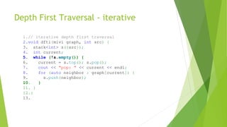 Depth First Traversal - iterative
1.// iterative depth first traversal
2.void dfti(mivi graph, int src) {
3. stack<int> s({src});
4. int current;
5. while (!s.empty()) {
6. current = s.top(); s.pop();
7. cout << "pop: " << current << endl;
8. for (auto neighbor : graph[current]) {
9. s.push(neighbor);
10. }
11. }
12.}
13.
 