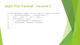 Depth First Traversal – recursive 2
1.void dftr2(mivi graph, int src, map<int, bool>& visited) {
2. if (visited.find(src) == visited.end()) {
3. cout << "pop: " << src << endl;
4. visited[src] = true;
5. for (auto neighbor : graph[src]) {
6. dftr2(graph, neighbor, visited);
7. }
8. }
9.}
 