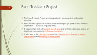 Penn Treebank Project 
 The Penn Treebank Project annotates naturally-occurring text for linguistic 
structure. 
 Most notably, it produces skeletal parses showing rough syntactic and semantic 
information -- a bank of linguistic trees . 
 It also annotate text with part-of-speech tags, and for the Switchboard corpus of 
telephone conversations, dysfluency annotation. 
 It is located in the LINC Laboratory of the Computer and Information Science 
Department at the University of Pennsylvania. 
15 
 