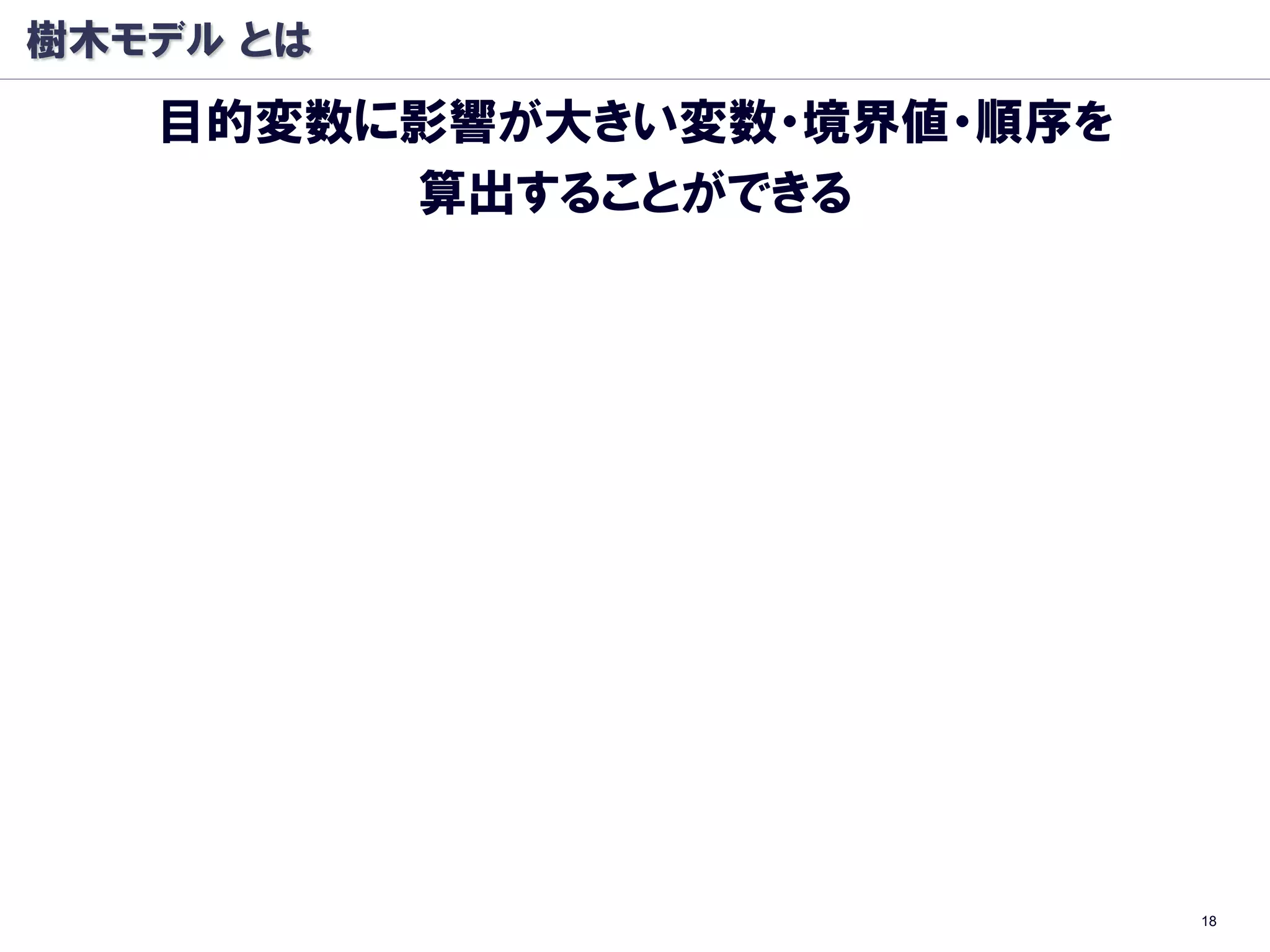 樹木モデル とは
   目的変数に影響が大きい変数・境界値・順序を
        算出することができる




                           18
 