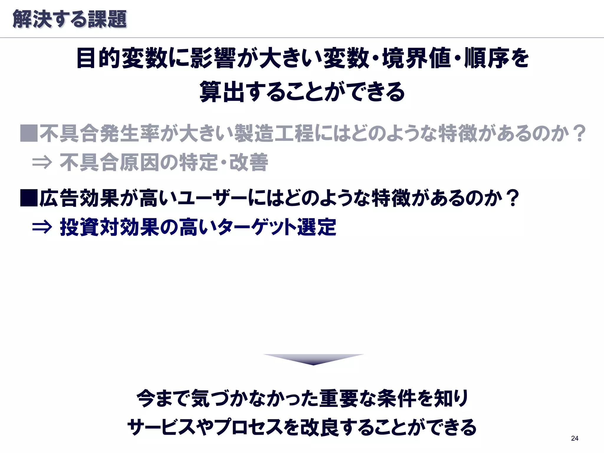 解決する課題
   目的変数に影響が大きい変数・境界値・順序を
        算出することができる
■丌具合発生率が大きい製造工程にはどのような特徴があるのか？
 ⇒ 丌具合原因の特定・改善
■広告効果が高いユーザーにはどのような特徴があるのか？
 ⇒ 投資対効果の高いターゲット選定




      今まで気づかなかった重要な条件を知り
     サービスやプロセスを改良することができる     24
 