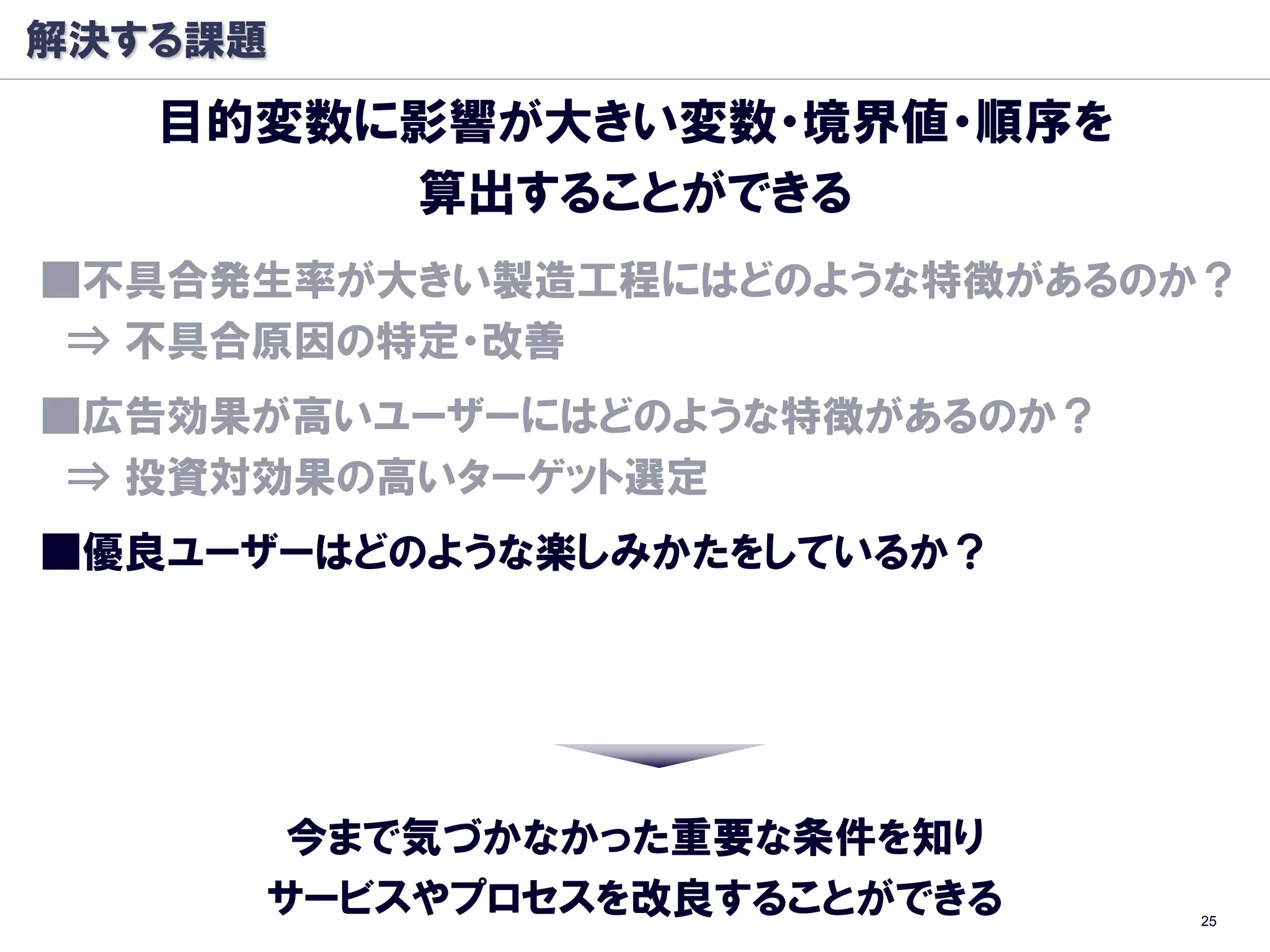 解決する課題
   目的変数に影響が大きい変数・境界値・順序を
        算出することができる
■丌具合発生率が大きい製造工程にはどのような特徴があるのか？
 ⇒ 丌具合原因の特定・改善
■広告効果が高いユーザーにはどのような特徴があるのか？
 ⇒ 投資対効果の高いターゲット選定
■優良ユーザーはどのような楽しみかたをしているか？




      今まで気づかなかった重要な条件を知り
     サービスやプロセスを改良することができる     25
 