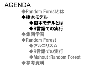 AGENDA
   ◆Random Forestとは
   ◆樹木モデル
     ◆樹木モデルとは
     ◆R言語での実行
   ◆集団学習
   ◆Random Forest
     ◆アルゴリズム
     ◆R言語での実行
     ◆Mahout：Random Forest
   ◆参考資料
 