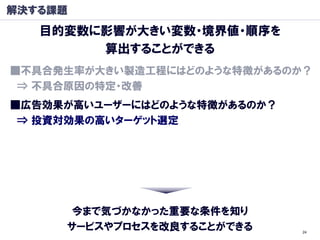 解決する課題
   目的変数に影響が大きい変数・境界値・順序を
        算出することができる
■丌具合発生率が大きい製造工程にはどのような特徴があるのか？
 ⇒ 丌具合原因の特定・改善
■広告効果が高いユーザーにはどのような特徴があるのか？
 ⇒ 投資対効果の高いターゲット選定




      今まで気づかなかった重要な条件を知り
     サービスやプロセスを改良することができる     24
 