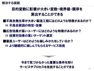 解決する課題
   目的変数に影響が大きい変数・境界値・順序を
        算出することができる
■丌具合発生率が大きい製造工程にはどのような特徴があるのか？
 ⇒ 丌具合原因の特定・改善
■広告効果が高いユーザーにはどのような特徴があるのか？
 ⇒ 投資対効果の高いターゲット選定
■優良ユーザーはどのような楽しみかたをしているか？
 ⇒ より継続的に楽しんでもらえるサービス改良




      今まで気づかなかった重要な条件を知り
     サービスやプロセスを改良することができる     27
 