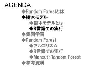 AGENDA
   ◆Random Forestとは
   ◆樹木モデル
     ◆樹木モデルとは
     ◆R言語での実行
   ◆集団学習
   ◆Random Forest
     ◆アルゴリズム
     ◆R言語での実行
     ◆Mahout：Random Forest
   ◆参考資料
 