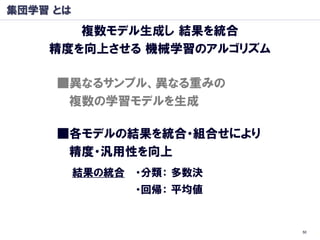 集団学習 とは
       複数モデル生成し 結果を統合
    精度を向上させる 機械学習のアルゴリズム

     ■異なるサンプル、異なる重みの
      複数の学習モデルを生成

     ■各モデルの結果を統合・組合せにより
      精度・汎用性を向上
          結果の統合   ・分類： 多数決
                  ・回帰： 平均値


                             50
 