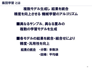 集団学習 とは
       複数モデル生成し 結果を統合
    精度を向上させる 機械学習のアルゴリズム

     ■異なるサンプル、異なる重みの
      複数の学習モデルを生成

     ■各モデルの結果を統合・組合せにより
      精度・汎用性を向上
          結果の統合   ・分類： 多数決
                  ・回帰： 平均値


                             51
 