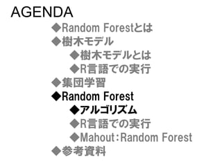 AGENDA
   ◆Random Forestとは
   ◆樹木モデル
     ◆樹木モデルとは
     ◆R言語での実行
   ◆集団学習
   ◆Random Forest
     ◆アルゴリズム
     ◆R言語での実行
     ◆Mahout：Random Forest
   ◆参考資料
 