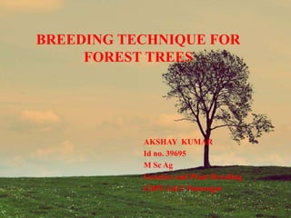 BREEDING TECHNIQUE FOR
FOREST TREES
AKSHAY KUMAR
Id no. 39695
M Sc Ag
Genetics and Plant Breeding
GBPUA&T Pantnagar
 