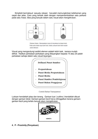 Simplisiti bermaksud sesuatu rekaan haruslah memungkinkan kefahaman yang
cepat dan jelas. Cara yang terbaik ialah dengan mempersembahkan satu perkara
pada satu masa. Idea yang banyak dalam satu visual akan mengelirukan.




Visual yang mengandungi sedikit elemen adalah lebih baik , kerana mudah
dilihat. Hadkan perkataan-perkataan yang ditayangkan kepada 15 atau 20 patah
perkataan sahaja dalam satu visual tayangan.




Lukisan hendaklah jelas dan terang. Garisan luar ( outline ) hendaklah dibuat
dengan garisan tebal. Garisan-garisan kecil harus ditinggalkan kerana garisan-
garisan kecil yang terlalu banyak akan mengelirukan.




4. P - Proximity (Penyatuan)
 