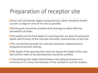 Preparation of receptor site
Trees will not tolerate highly compacted soil, which should be broken
up over as large an area of the site as possible.
Planting pits should be provided with drainage to allow effective
percolation of water.
The width and the final depth of a planting hole are determined by the
depth and firmness of the root ball and other characteristics of the site.
The soil directly beneath the root ball should be undistributed or
prepared to prevent settling.
The depth of the planting hole shall not exceed the depth of the root
ball and the sides of the planting hole should be scarified.
 The planting hole width should follow international practice at a
minimum of 1.5 times the diameter of the rootball to suit the location.
 