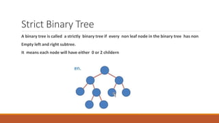 Strict Binary Tree
A binary tree is called a strictly binary tree if every non leaf node in the binary tree has non
Empty left and right subtree.
It means each node will have either 0 or 2 childern
 