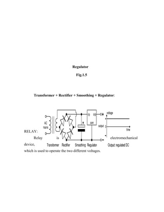 Regulator
Fig.1.5

Transformer + Rectifier + Smoothing + Regulator:

RELAY:
Relay

is

device,
which is used to operate the two different voltages.

electromechanical

 